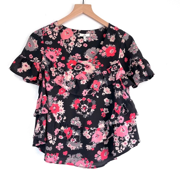 Joie Black Pink Floral Short Sleeve Blouse 100% Silk - Picture 2 of 6